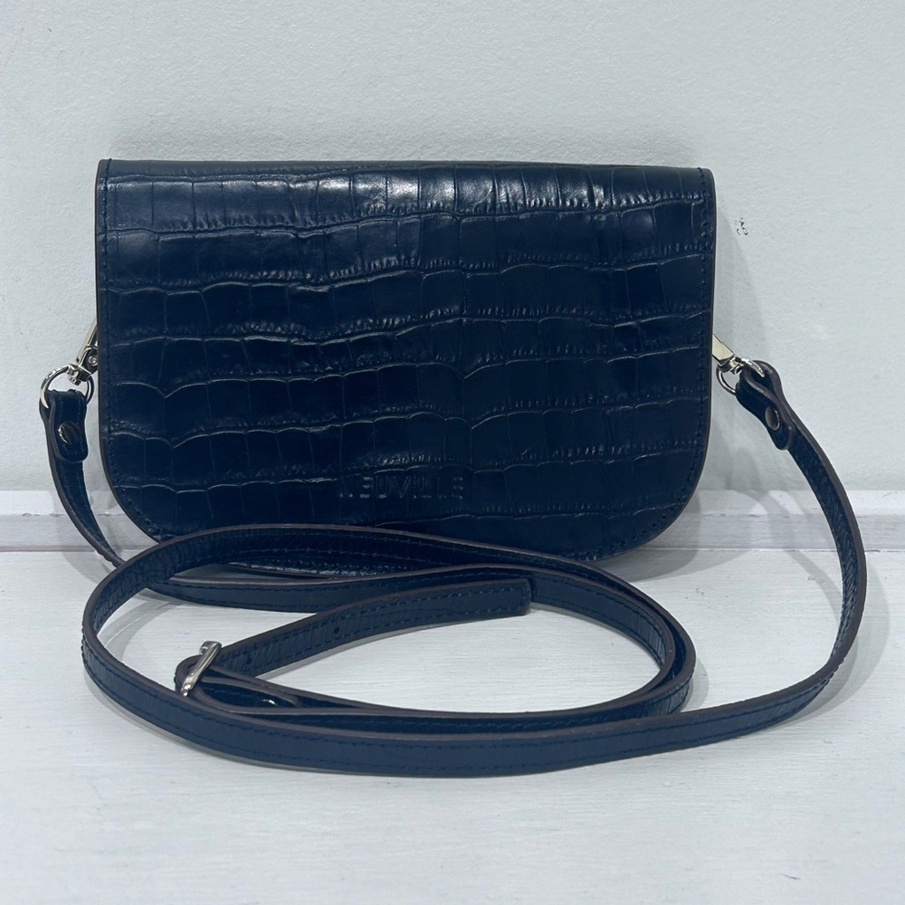 Neuville Black Croc Embossed Leather‎ Crossbody Bag Adjustable Strap